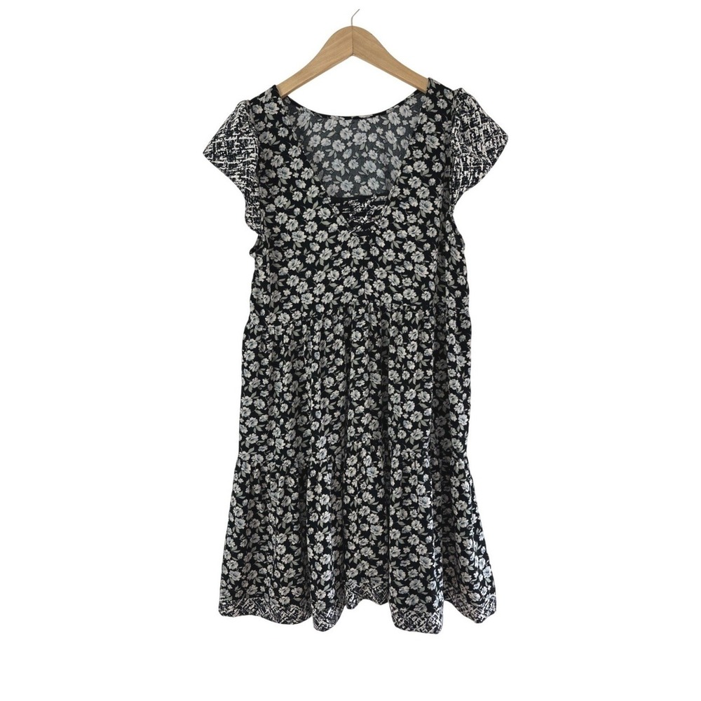 American Eagle Black Floral Dress Womens Large Cottage Prairie Feminine Bows